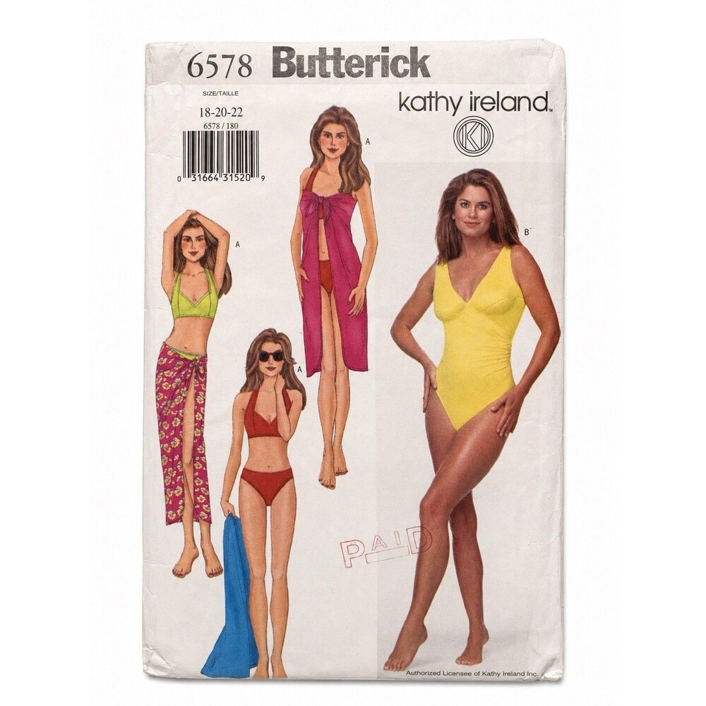 Vintage Butterick 6578 Kathy Ireland Swimsuit Bikini Pareo Pattern 18 20 22 UC